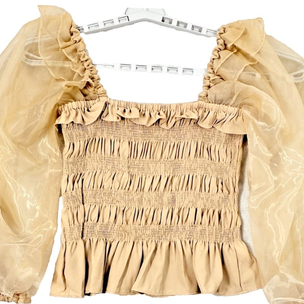 Jess Lea Smocked Puff Sleeve Top Women L Gold Sheer Organza Romantic Peplum